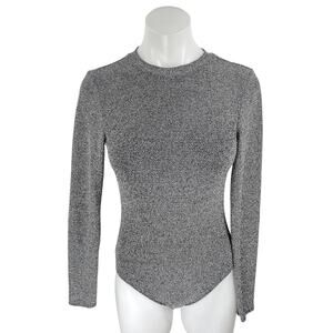 H&M Silver Metallic Long Sleeve Open Back Cutout Crew Neck Bodysuit Top Size S